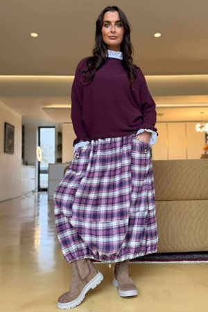 Roberta Plaid Brushed Cotton Balloon Hem Skirt Aubergine